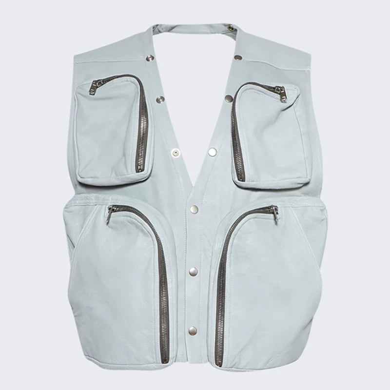 Multi-Pocket Sleeveless Leather Utility Vest 3