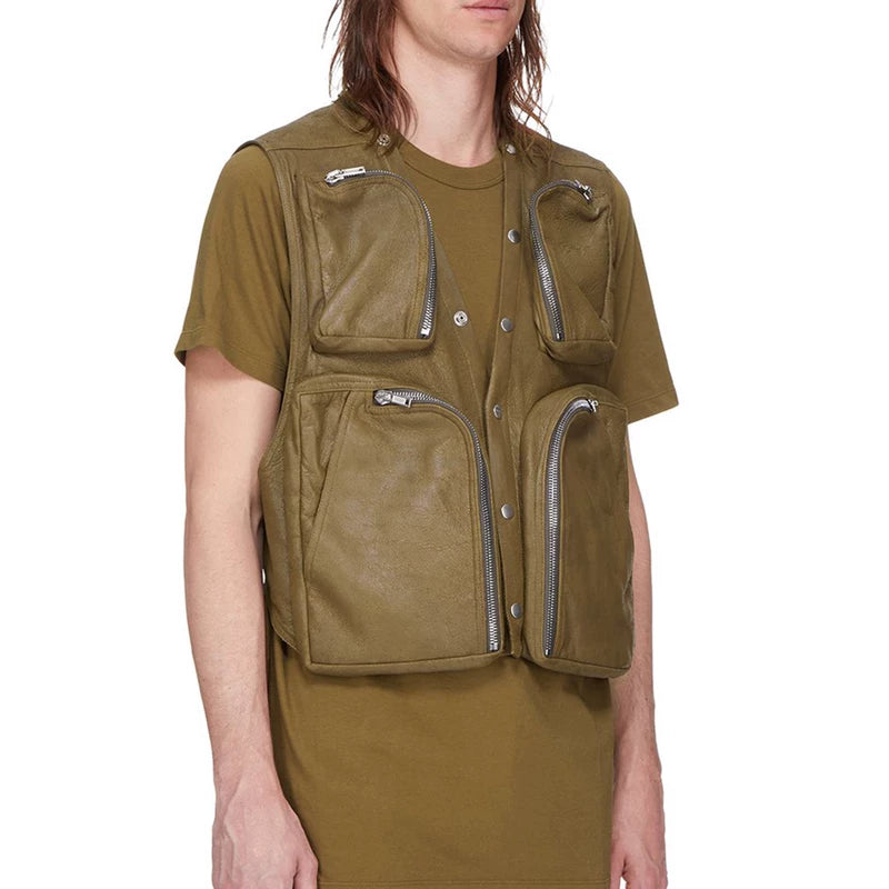 Multi-Pocket Sleeveless Leather Utility Vest 4