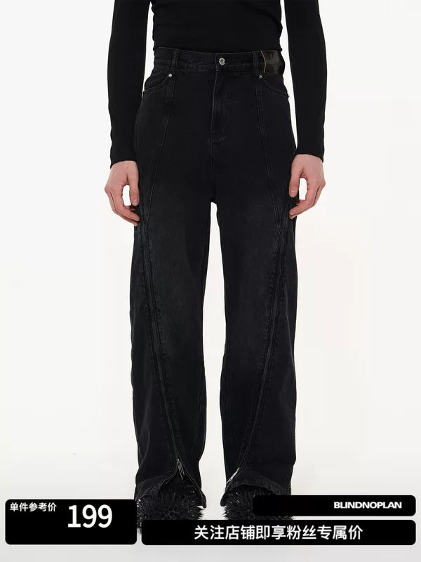 Multi-Zipper Washed Wide Leg Denim Pants 1