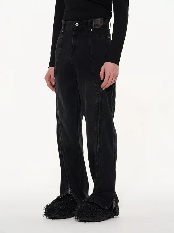 Multi-Zipper Washed Wide Leg Denim Pants 2