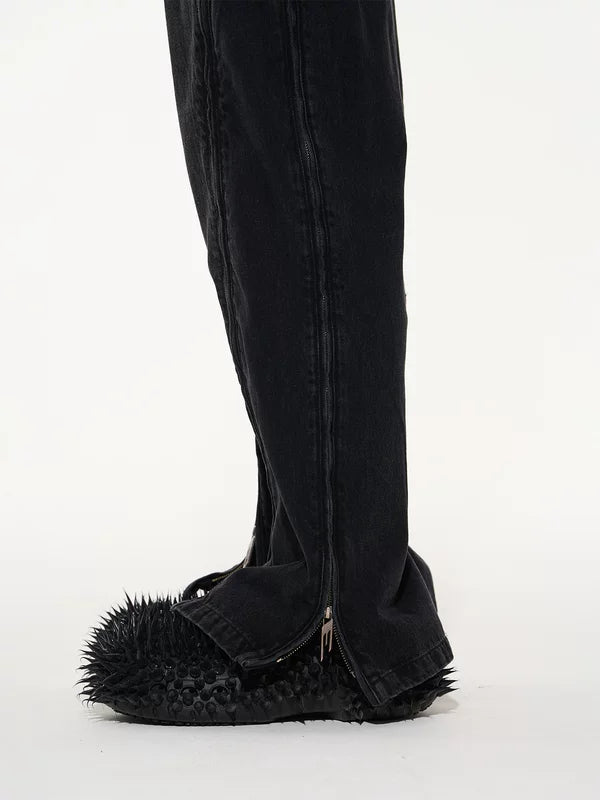 Multi-Zipper Washed Wide Leg Denim Pants 3