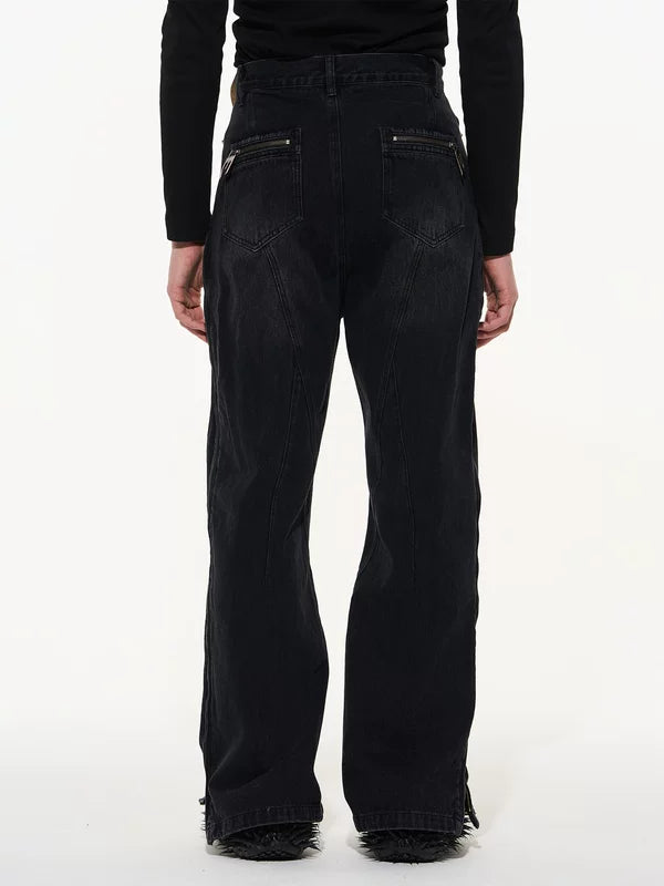 Multi-Zipper Washed Wide Leg Denim Pants 4