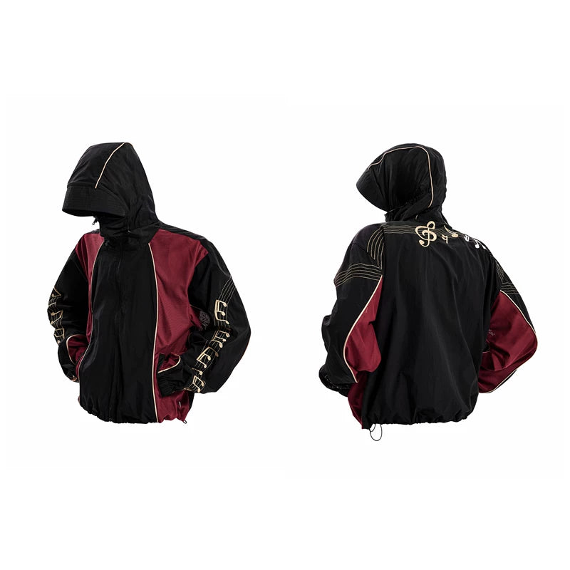 6100504304972,6100504304973,6100504304974,6100504304975, Musical Note Embroidered Hooded Jacket