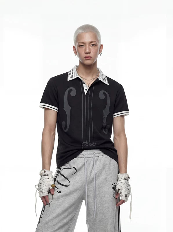 Musical Note Print Lapel Polo T-Shirt 1