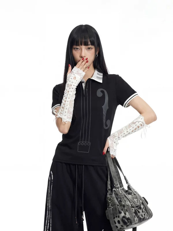 Musical Note Print Lapel Polo T-Shirt 2