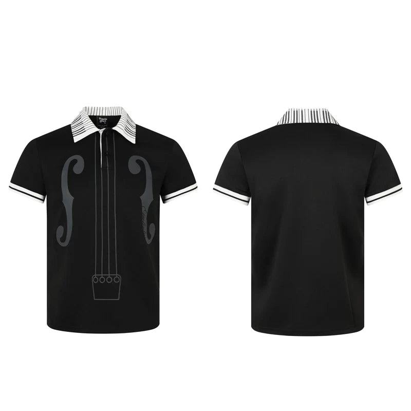 6224387495385,6224387495386,6224387495387,6224387495388, Musical Note Print Lapel Polo T-Shirt