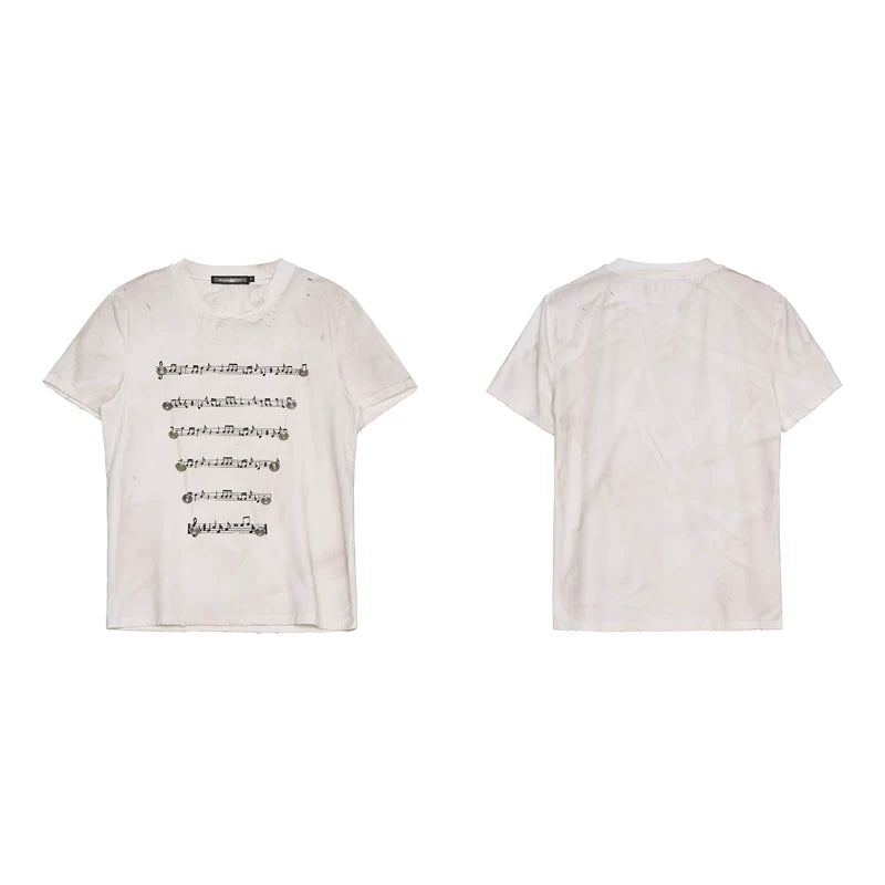 6226768102876,6226768102877,6226768102878,6226768102879, Musical Note Print Ripped T-Shirt