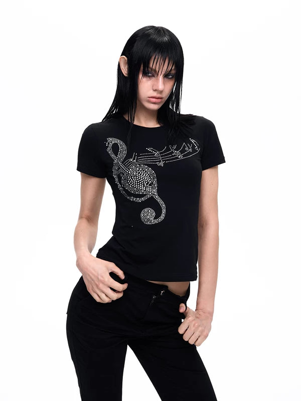 Musical Note Rhinestone Slim Fit T-Shirt 2