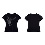 6062554885071,6062554885072,6062554885073,6062554885074, Musical Note Rhinestone Slim Fit T-Shirt