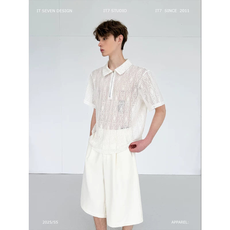 Openwork Knit Short-Sleeve Polo Sweater 1