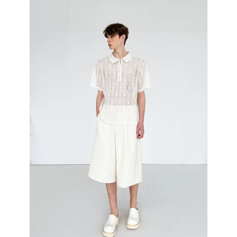 Openwork Knit Short-Sleeve Polo Sweater 3