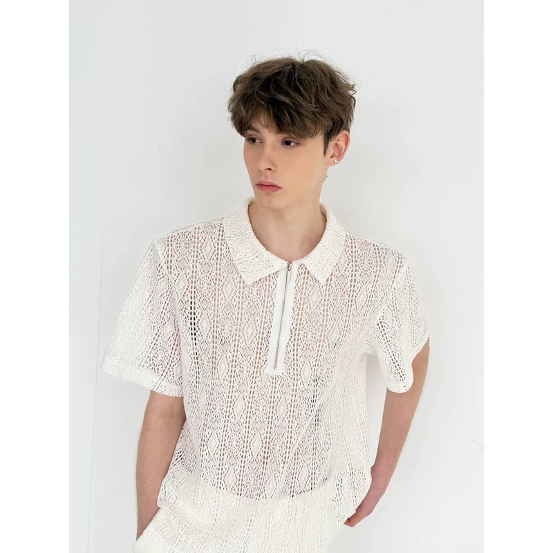 Openwork Knit Short-Sleeve Polo Sweater 4