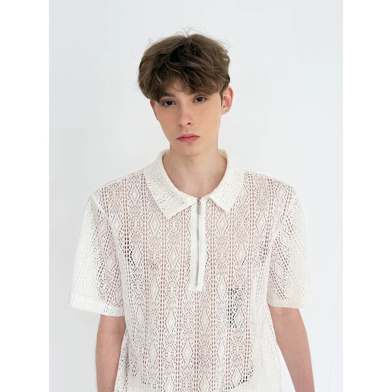 Openwork Knit Short-Sleeve Polo Sweater 5