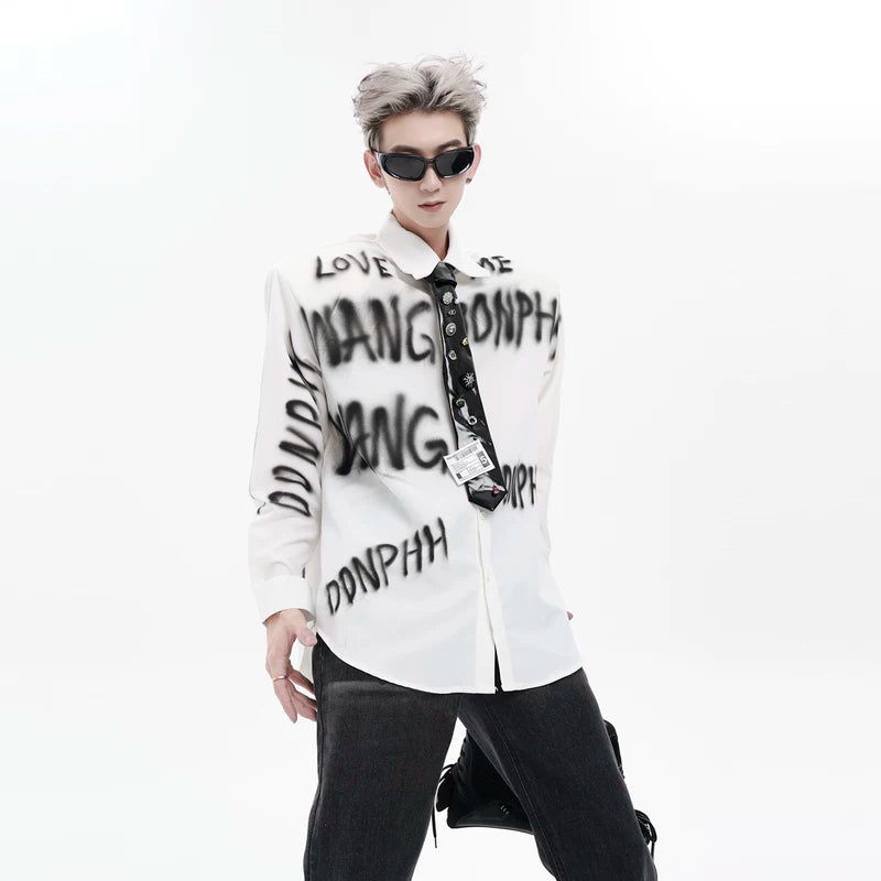 5268926150753,5268926150754,5268926150755, Oversized Graffiti Print Padded Shoulder Shirt