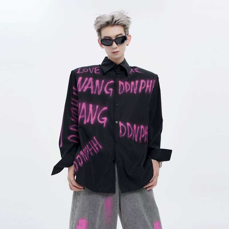 5268926150756,5268926150757,5268926150758, Oversized Graffiti Print Padded Shoulder Shirt