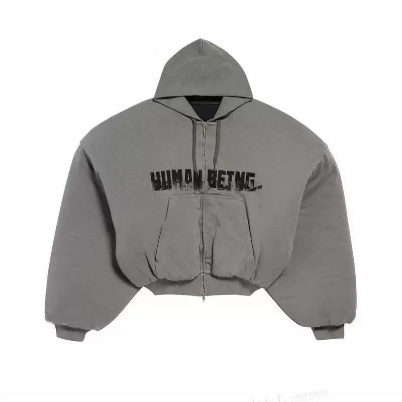 Oversized Quilted “Human Being” Zip Hoodie 1