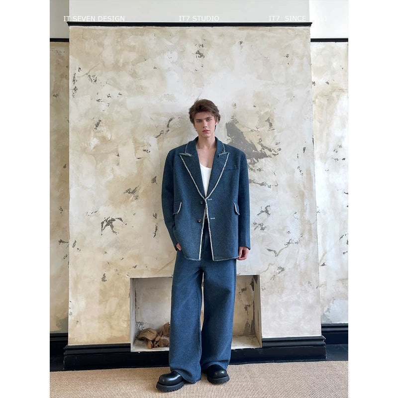 Oversized Washed Denim Suit with Wide-Leg Pants 1