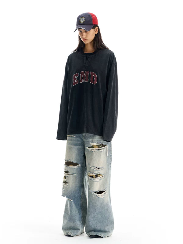 Oversized Washed Long Sleeve Printed T-Shirt 2