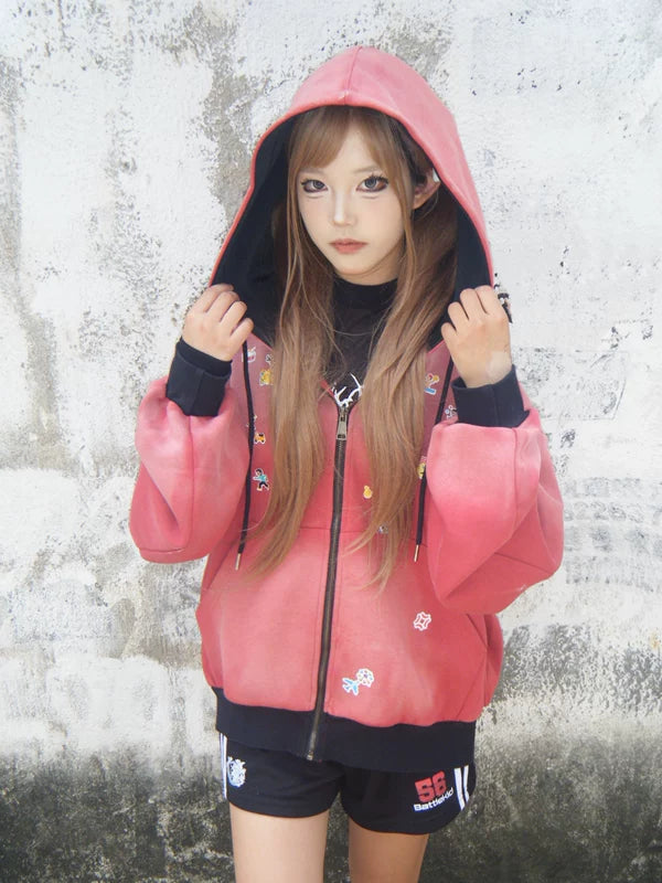 Oversized Washed Zip-Up Hoodie Cardigan 1