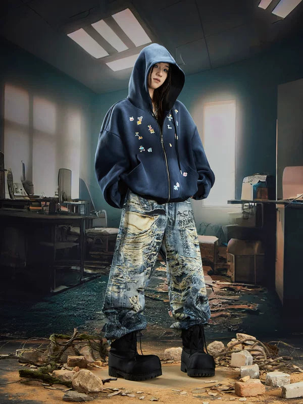 Oversized Washed Zip-Up Hoodie Cardigan 5