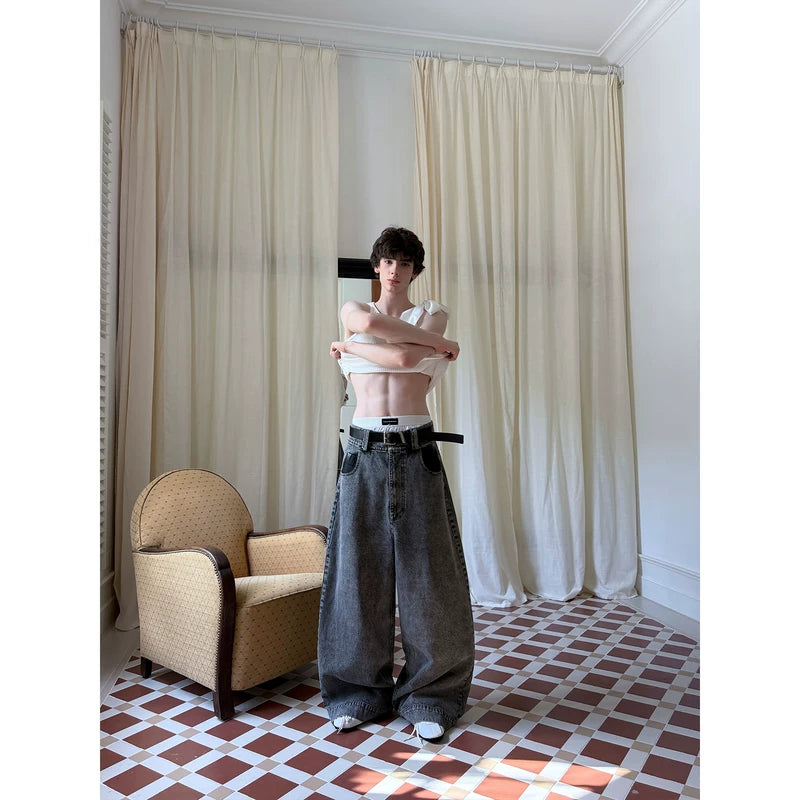 Oversized Wide-Leg Floor-Length Denim Pants 2