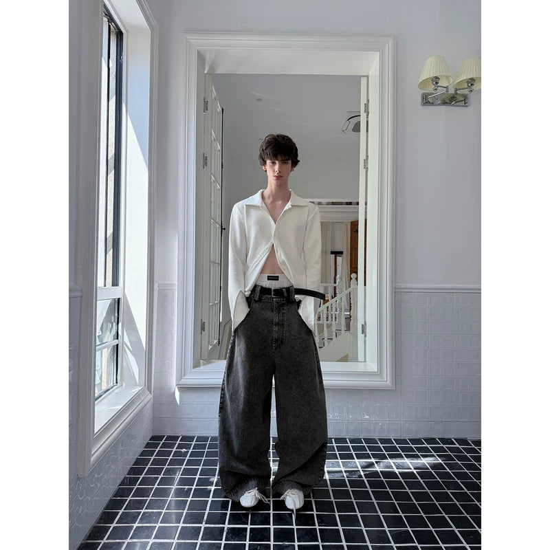 Oversized Wide-Leg Floor-Length Denim Pants 4
