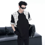5507807458465,5507807458466,5507807458467,5507807458468, Padded Shoulder Patchwork Short Sleeve T-Shirt