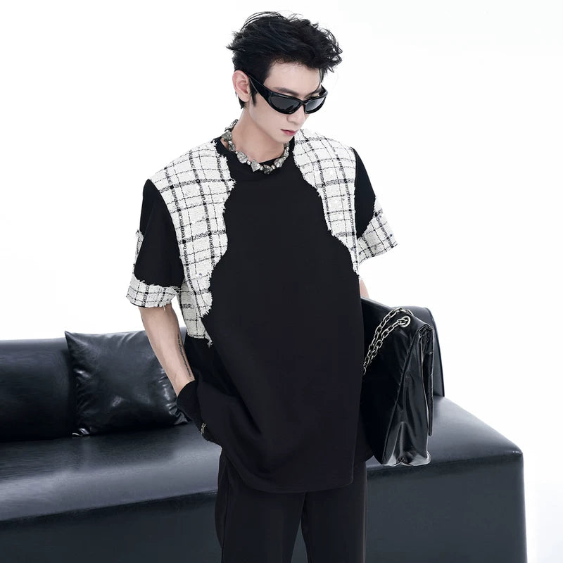 5507807458465,5507807458466,5507807458467,5507807458468, Padded Shoulder Patchwork Short Sleeve T-Shirt