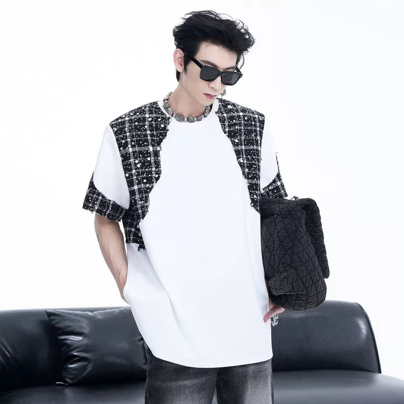 5507807458469,5507807458470,5507807458471,5507807458472, Padded Shoulder Patchwork Short Sleeve T-Shirt