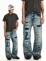 Patchwork Distressed Wide Leg Jeans Pants 1