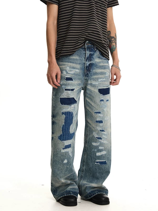 Patchwork Distressed Wide Leg Jeans Pants 2