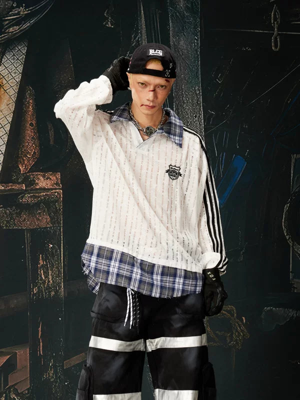Patchwork Layered Checkered Collar Long-Sleeve T-Shirt 1