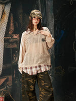 Patchwork Layered Checkered Collar Long-Sleeve T-Shirt 2