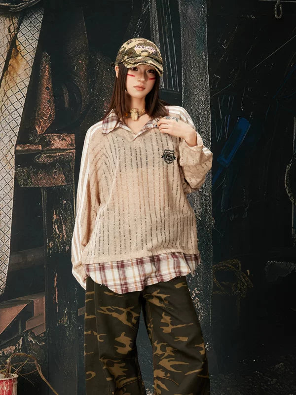 Patchwork Layered Checkered Collar Long-Sleeve T-Shirt 2