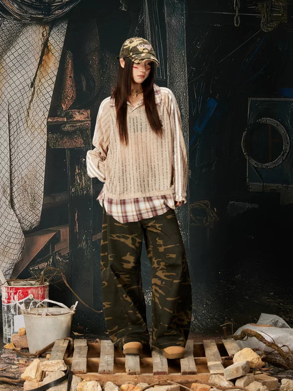 Patchwork Layered Checkered Collar Long-Sleeve T-Shirt 5