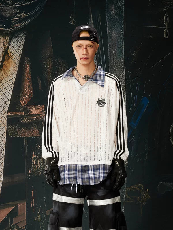 6020270429754,6020270429755,6020270429756,6020270429757, Patchwork Layered Checkered Collar Long-Sleeve T-Shirt