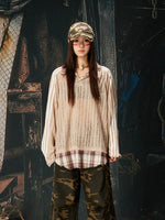 6020270429758,6020270429759,6020270429760,6020270429761, Patchwork Layered Checkered Collar Long-Sleeve T-Shirt