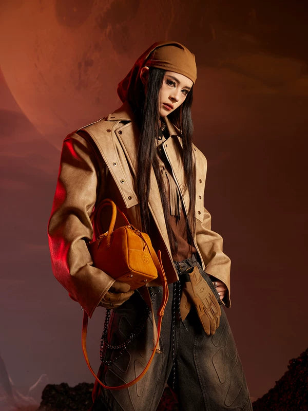 Patchwork Leather Jacket with Washed Matte Finish 1