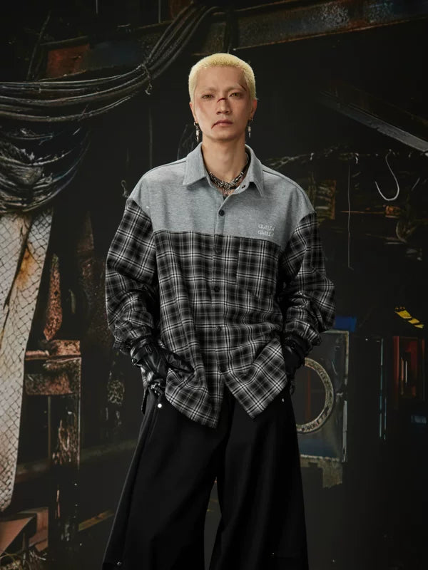Patchwork Plaid Drop Shoulder Collared Shirt 1