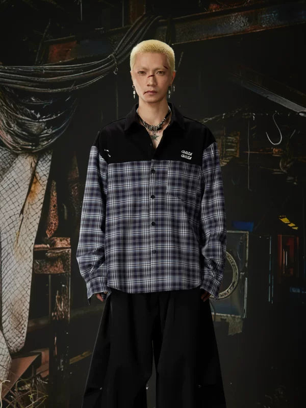 Patchwork Plaid Drop Shoulder Collared Shirt 2