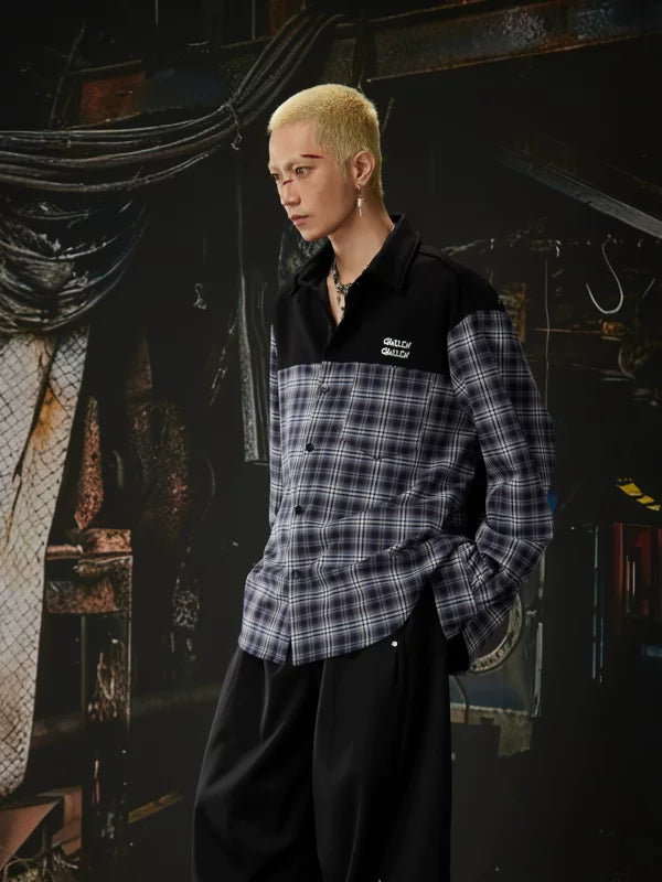 Patchwork Plaid Drop Shoulder Collared Shirt 3