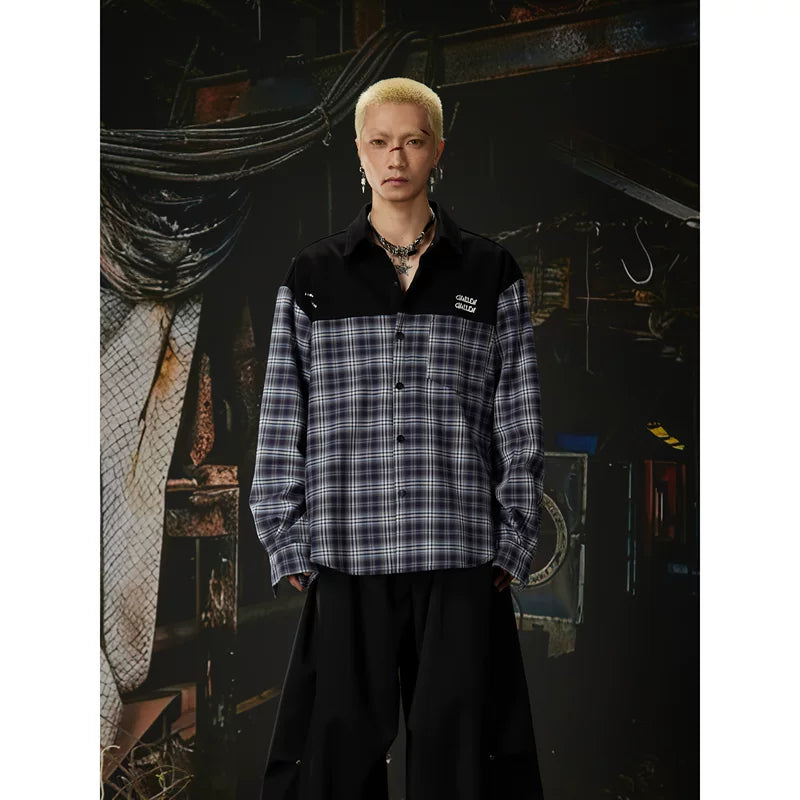6197130098866,6197130098867,6197130098868, Patchwork Plaid Drop Shoulder Collared Shirt