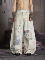 Patchwork Print Wide-Leg Denim Pants 1