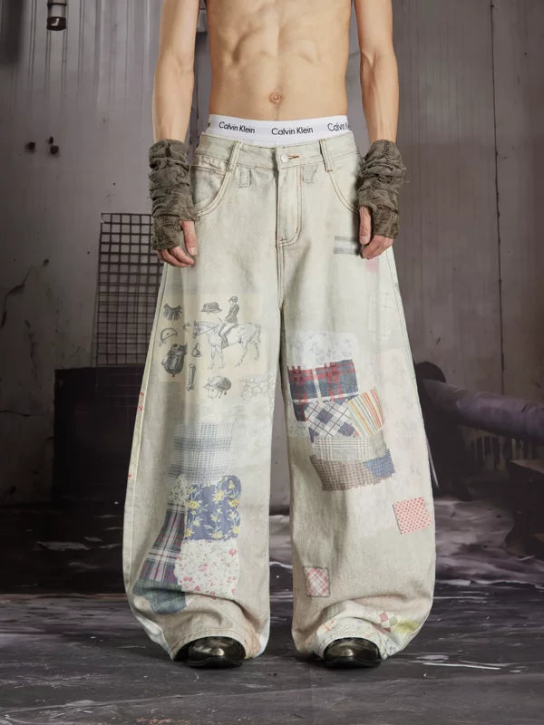 Patchwork Print Wide-Leg Denim Pants 1