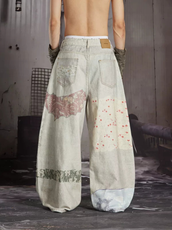 Patchwork Print Wide-Leg Denim Pants 2