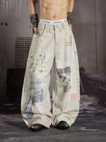 Patchwork Print Wide-Leg Denim Pants 4