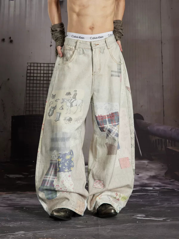 Patchwork Print Wide-Leg Denim Pants 4