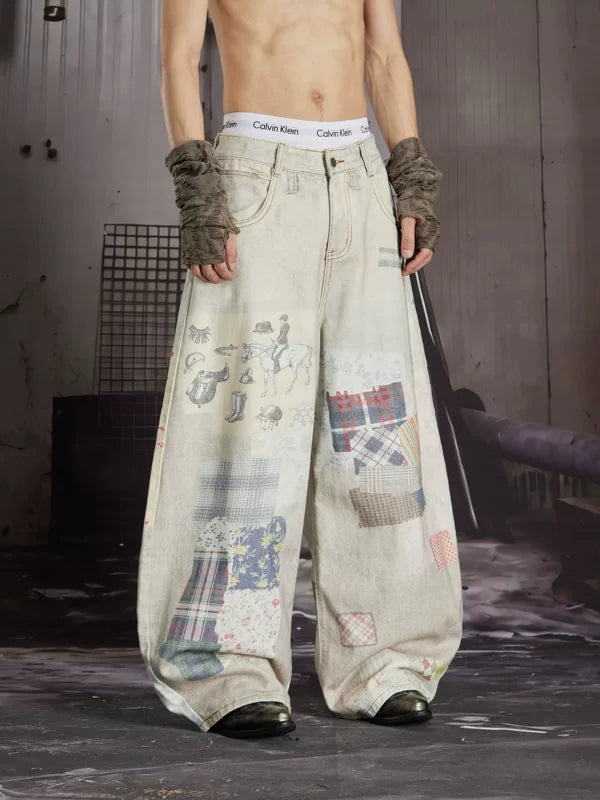Patchwork Print Wide-Leg Denim Pants 5