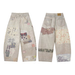 6265572598497,6265572598498,6265572598499,6265572598500, Patchwork Print Wide-Leg Denim Pants