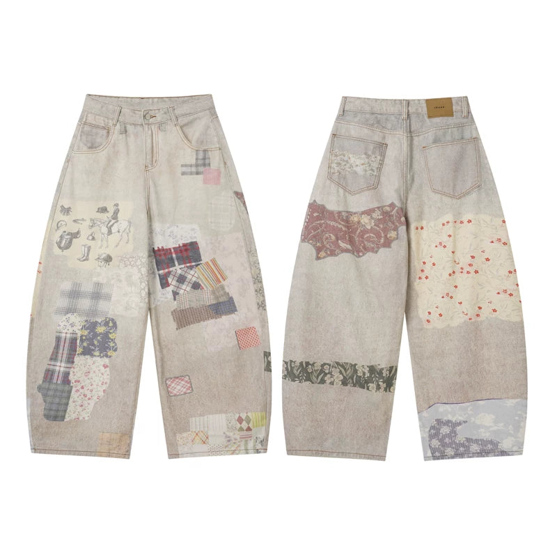 6265572598497,6265572598498,6265572598499,6265572598500, Patchwork Print Wide-Leg Denim Pants
